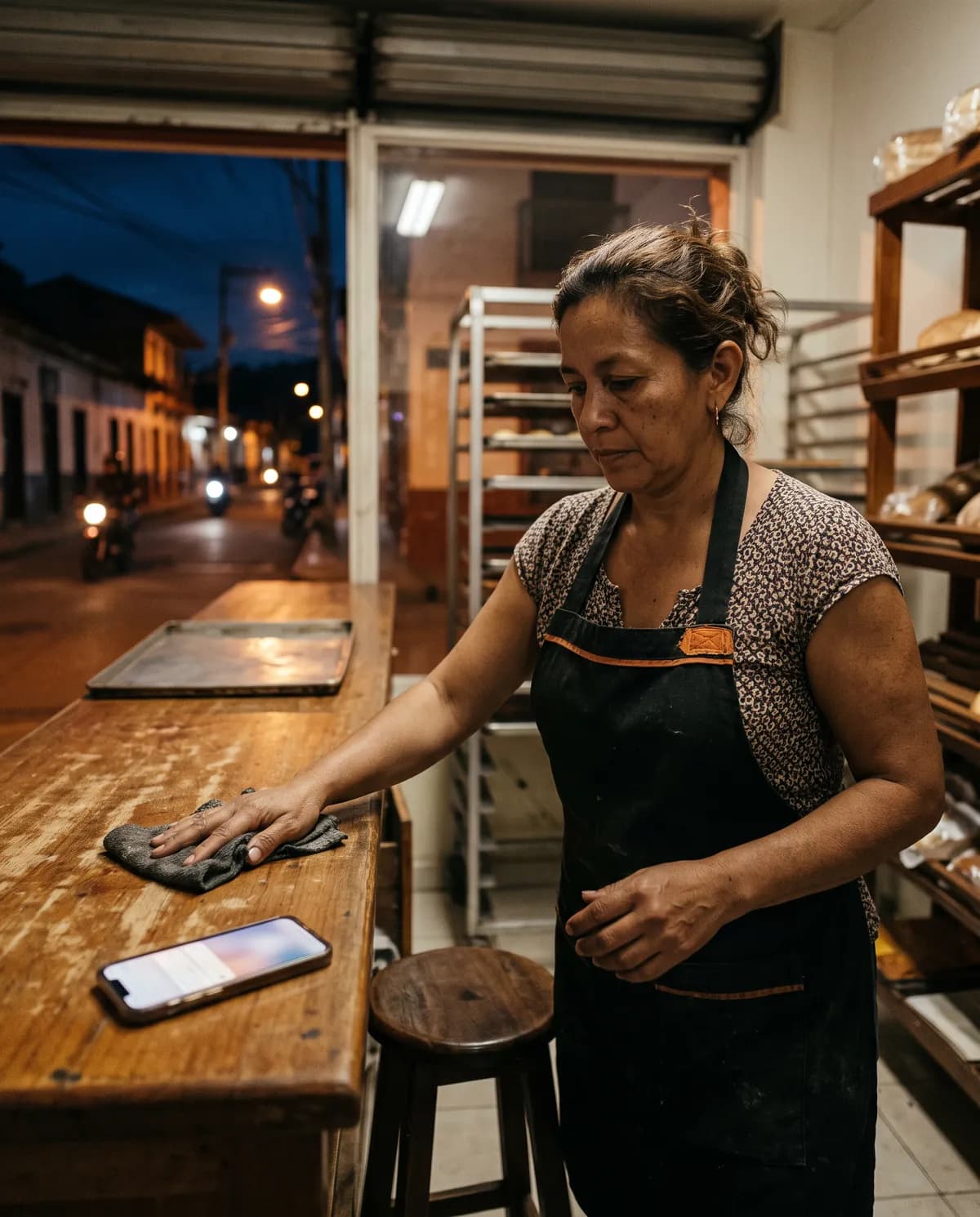 Dueña de una panadería limpia el mostrador de noche mientras su celular recibe un mensaje