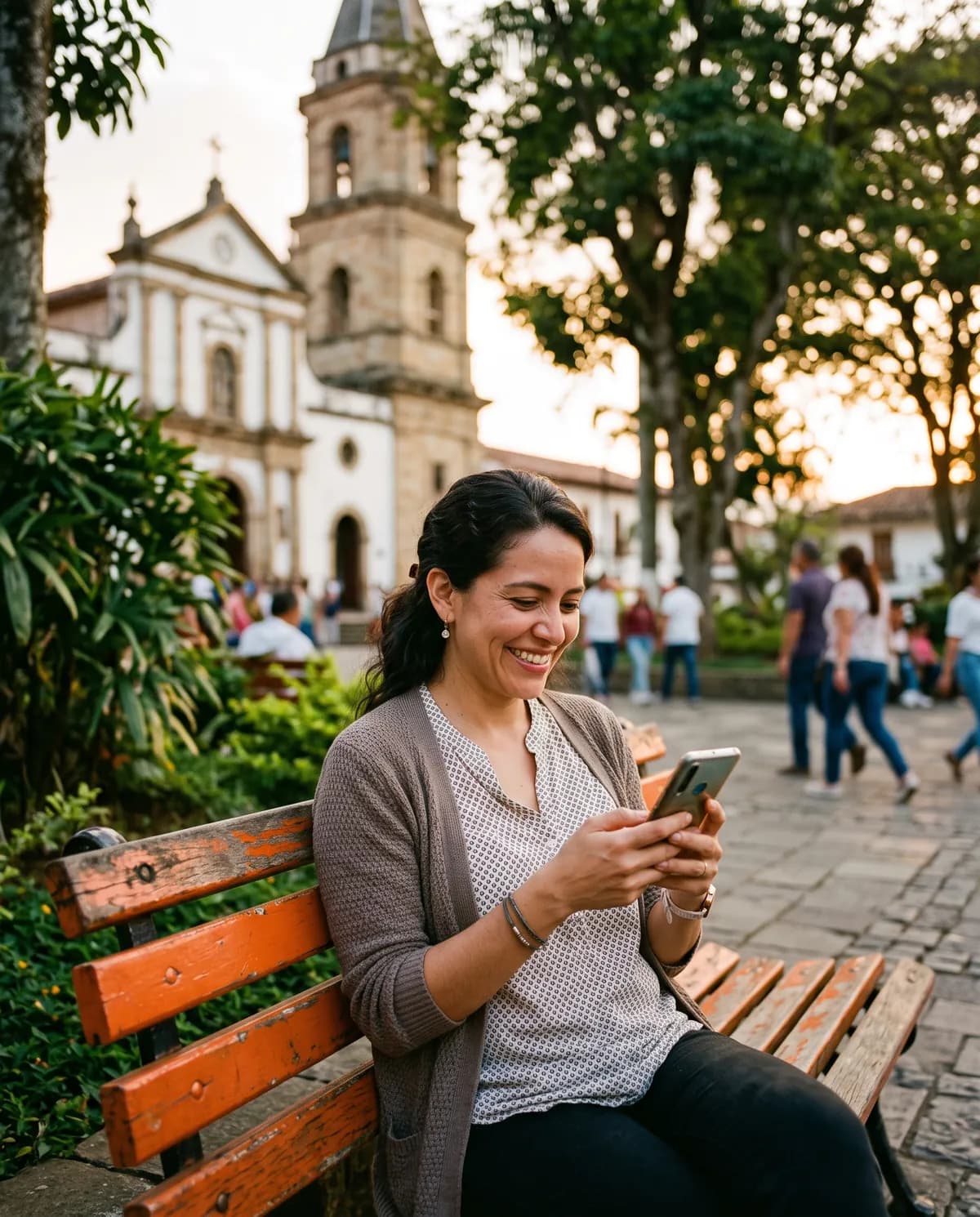 Mujer sentada en la plaza de un pueblo de Antioquia sonríe al leer una respuesta rápida en su celular