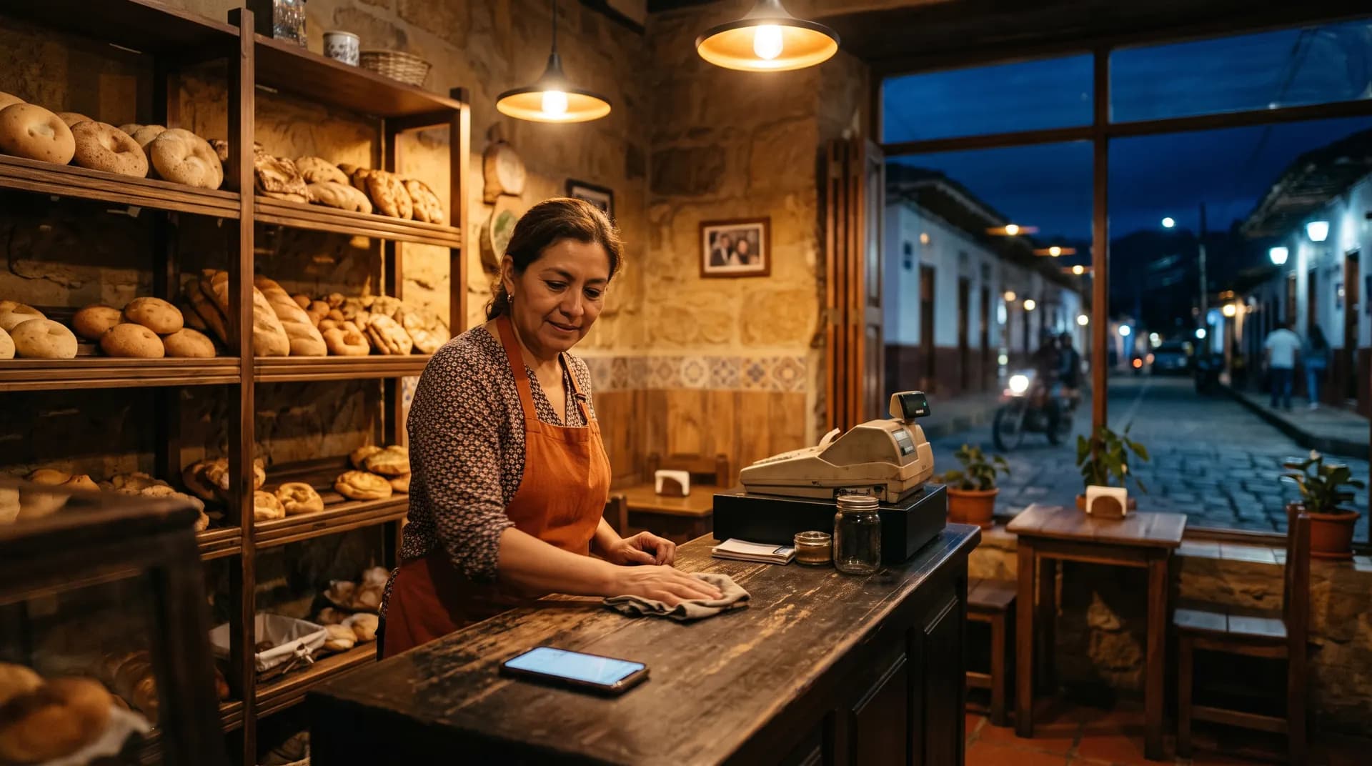 Dueña de una panadería en Antioquia limpia el mostrador de noche mientras su celular recibe un mensaje
